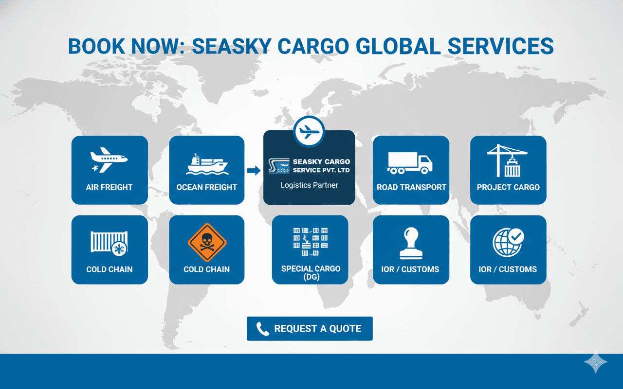 Plane, ship, truck, crane, reefer, DG label, and IOR stamp