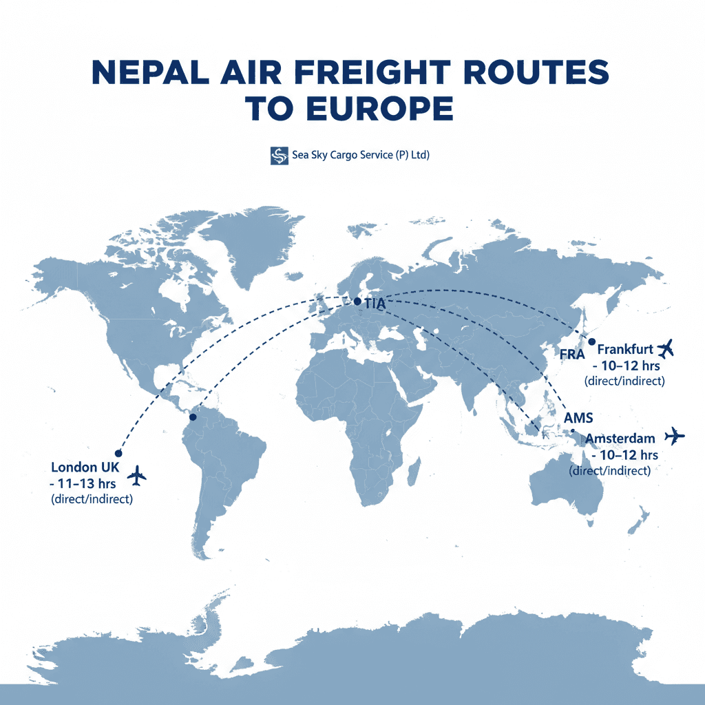 Nepal TIA air freight routes to major Europe airports (Germany/UK).