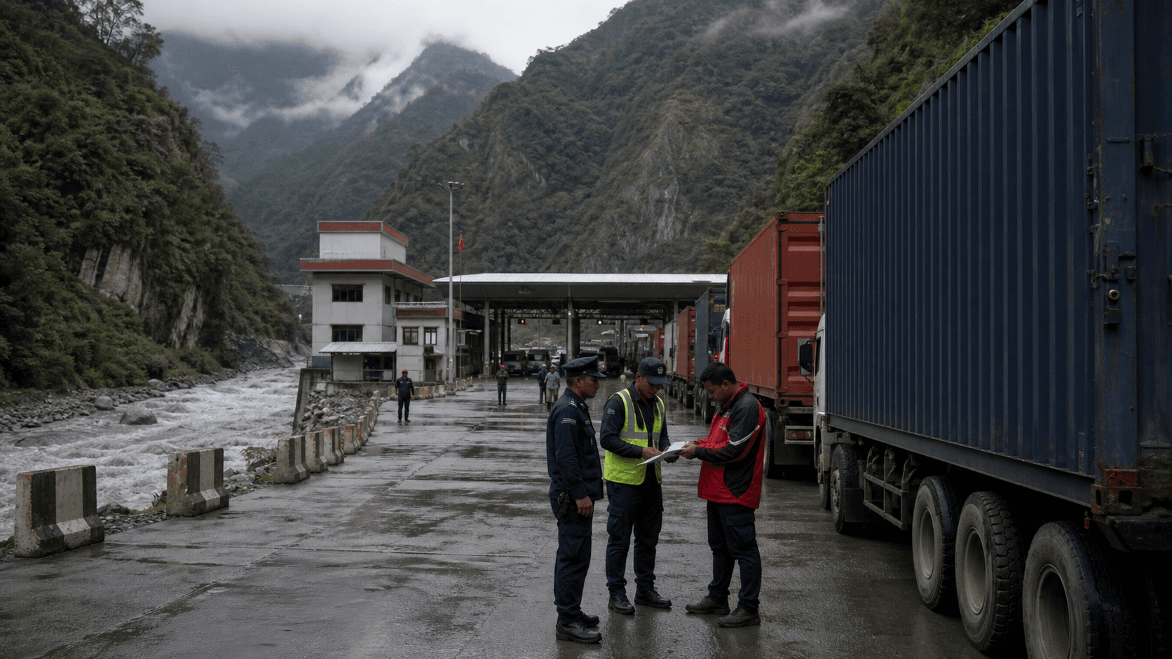 Cargo planner reviewing damaged Rasuwagadhi-Kerung road access before releasing a truck