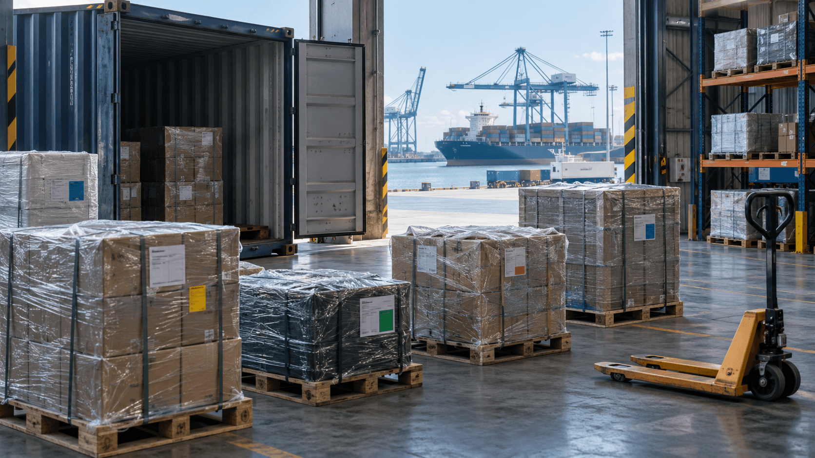 Separate LCL consignments stored at a container freight station before cargo pickup