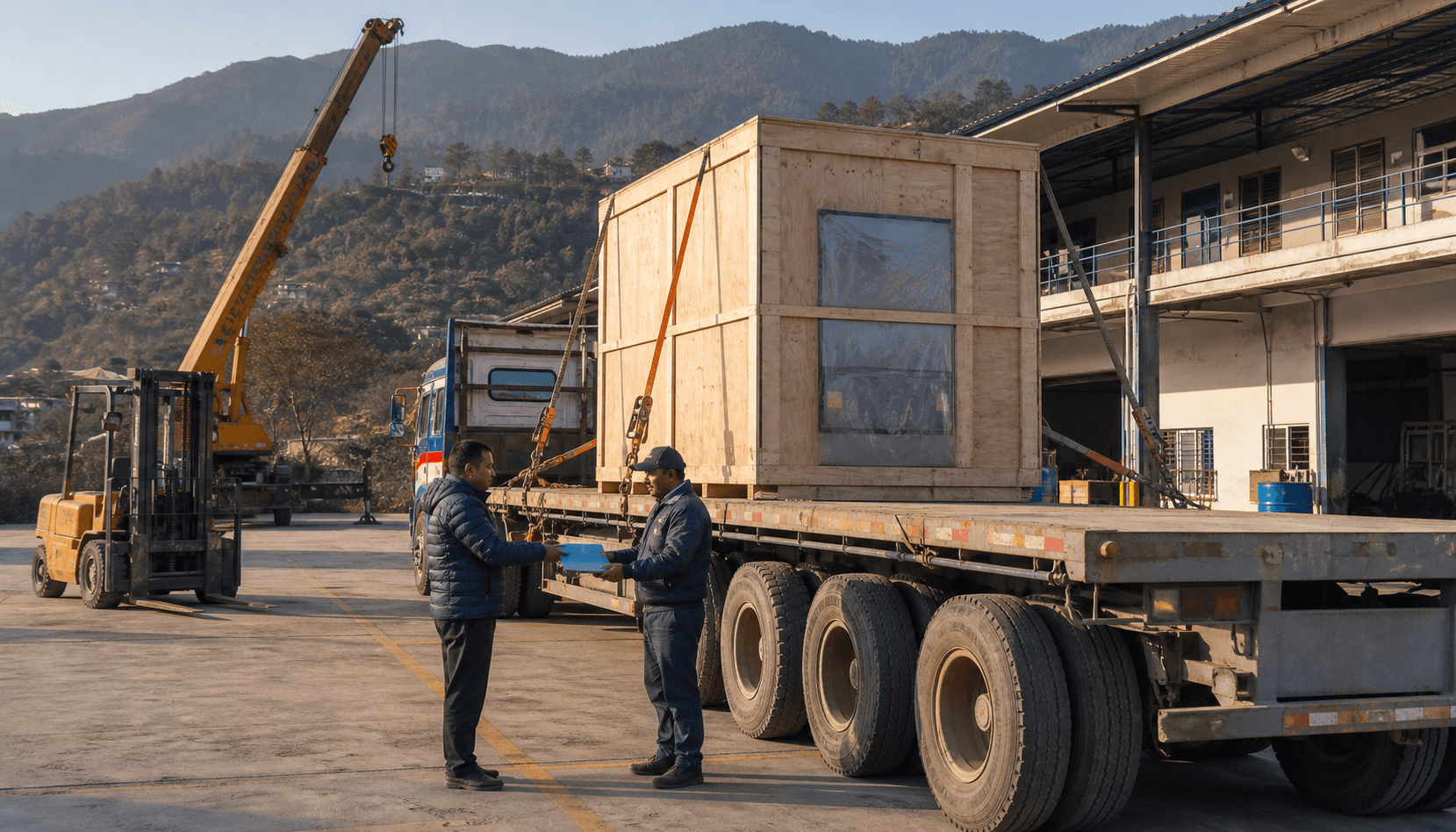 High bed trailer delivering secured industrial machinery to a Nepal factory