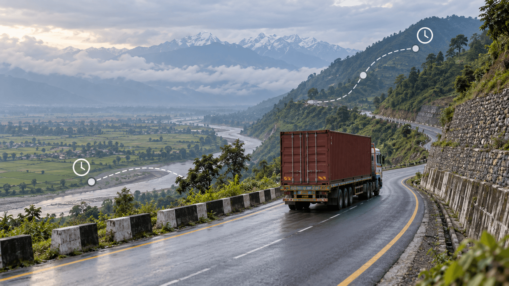Container truck on the trade corridor from the Terai toward Kathmandu with transit planning markers