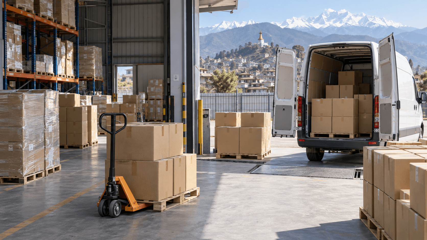 Packed and labeled cartons on pallets beside an open cargo van at a clean warehouse loading dock
