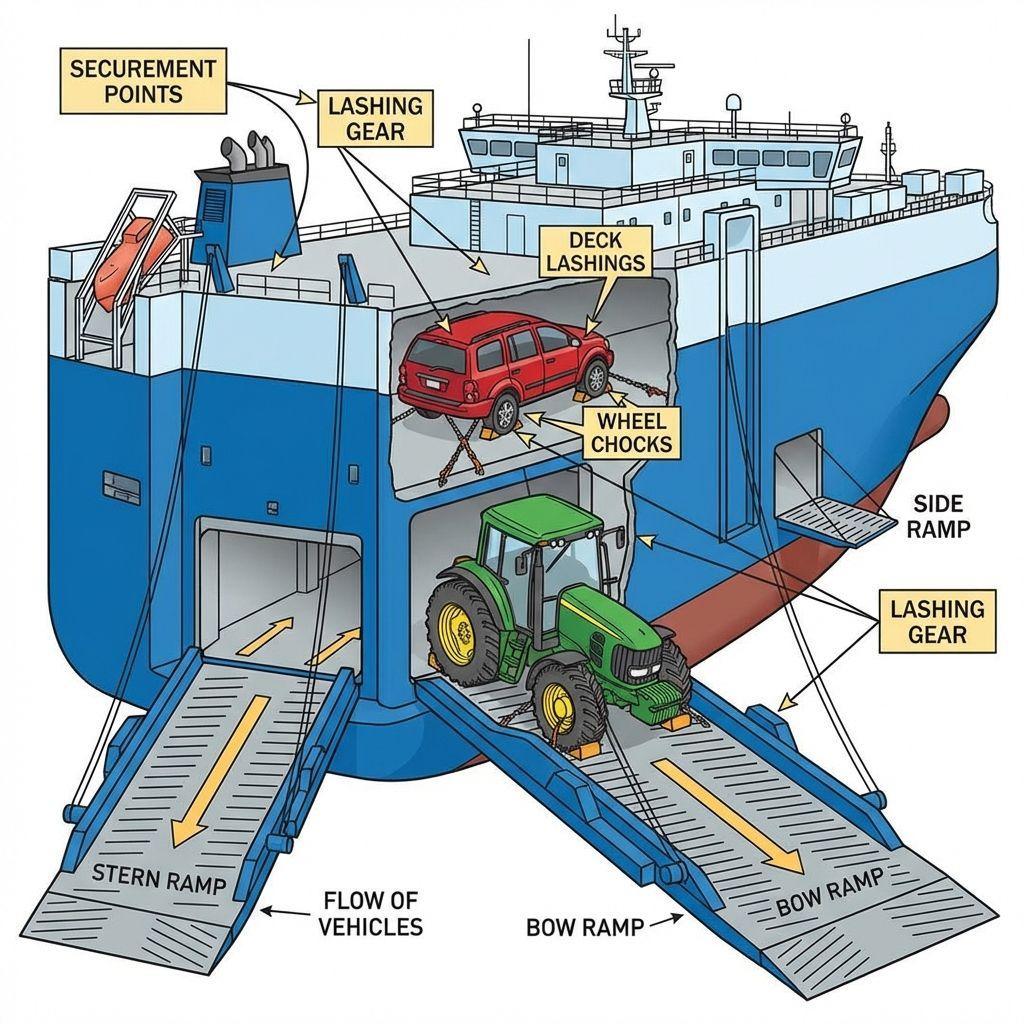 RoRo ship ramps lashing securing vehicles.