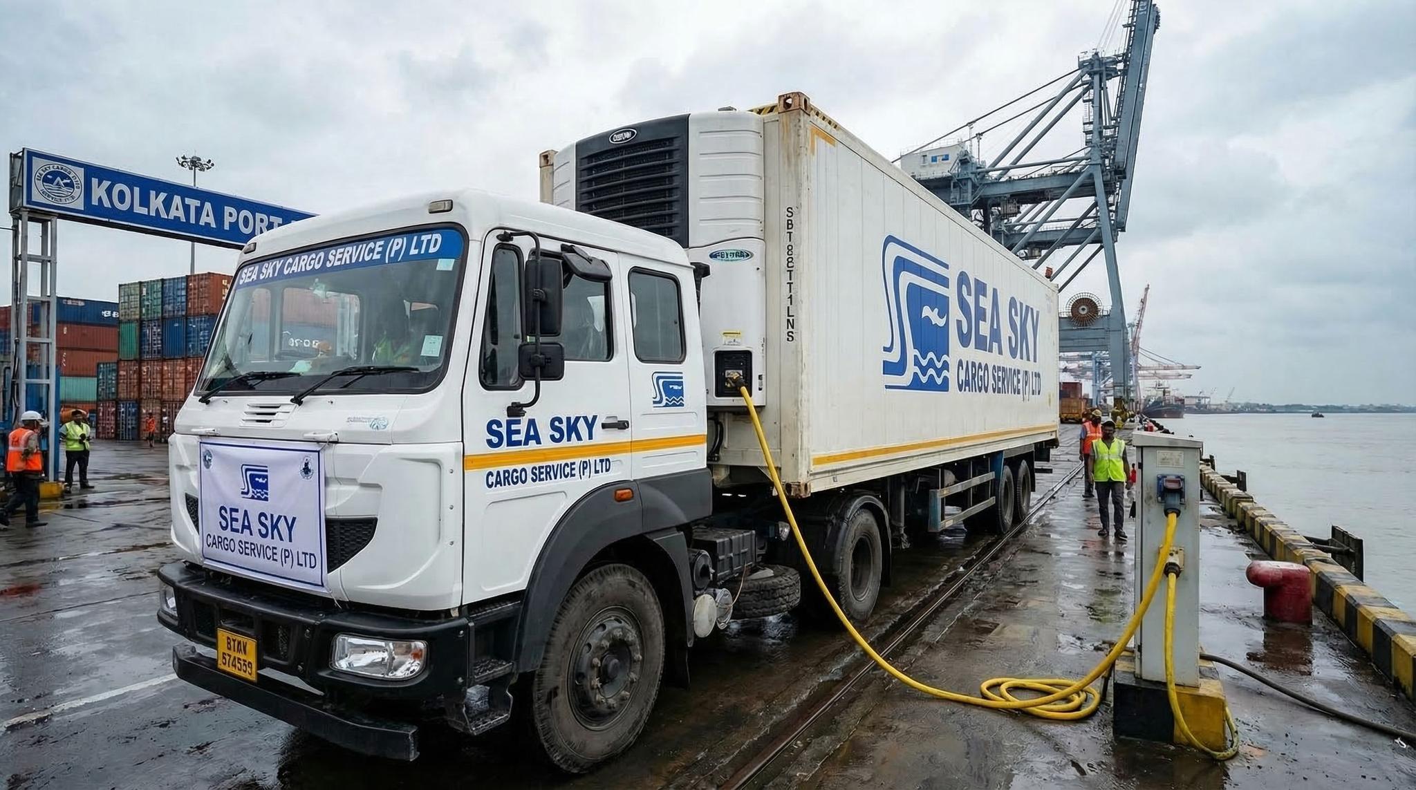 Sea Sky reefer container departing Kolkata for Nepal road journey.