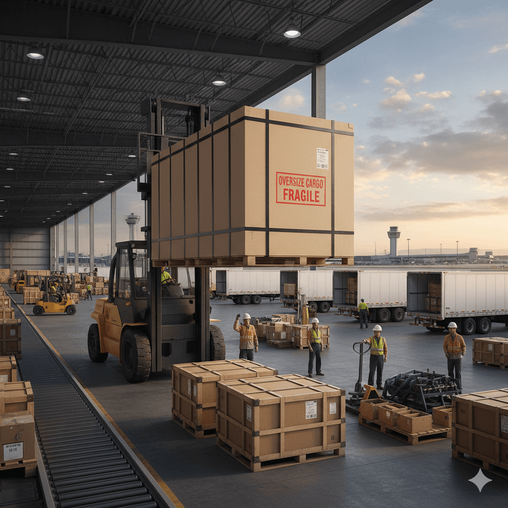 Forklift and digital trackers in use for freight shipping.