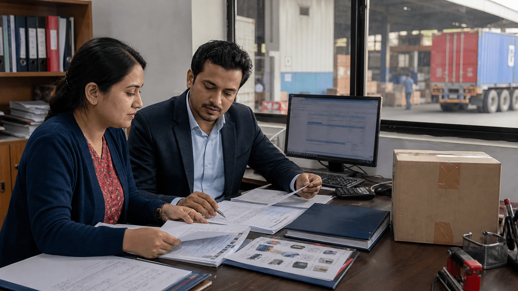 Nepal importer and customs advisor checking EXIM banking invoice and permit documents