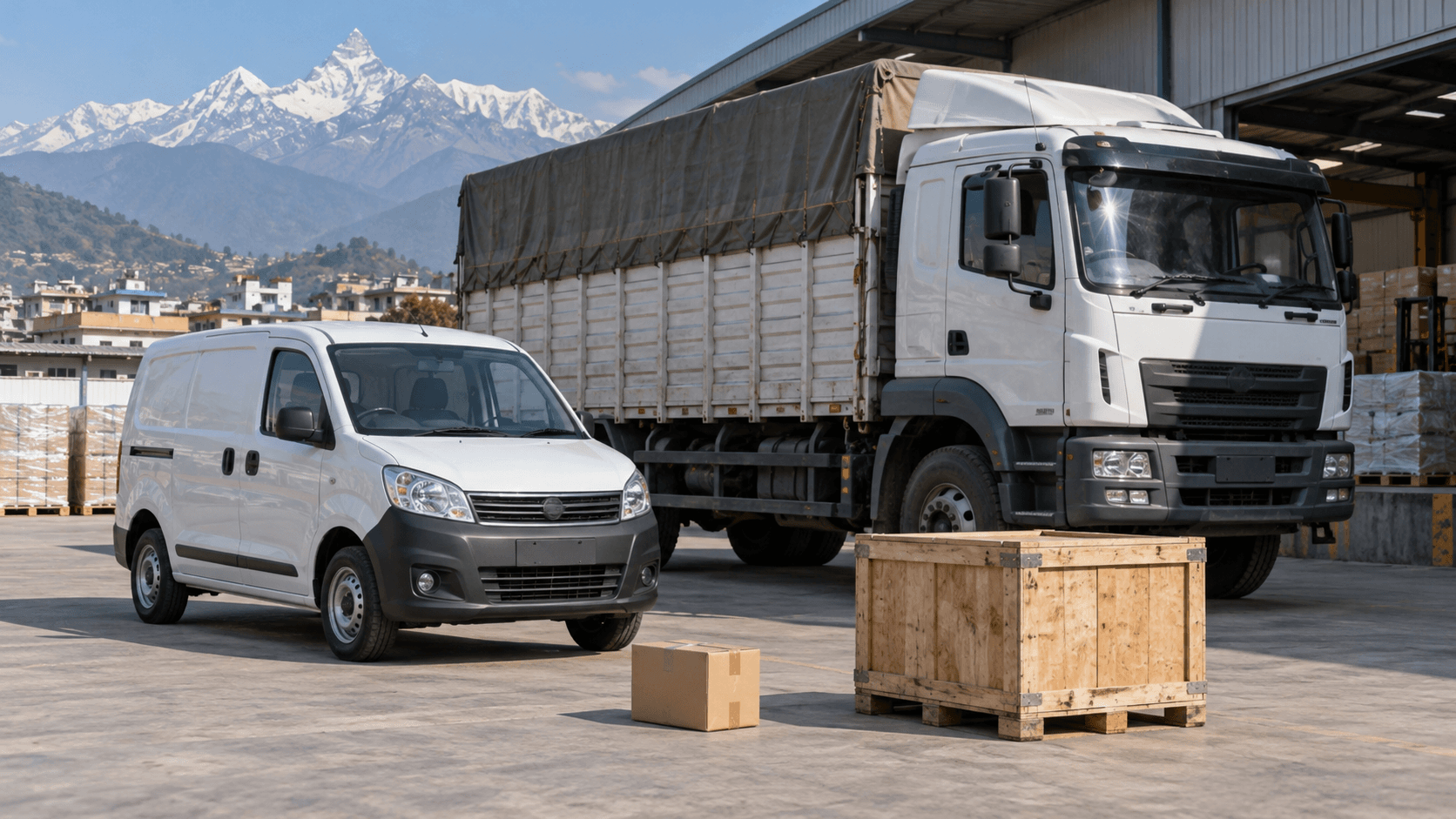 Small parcel van beside a larger commercial truck with palletized goods at a distribution depot