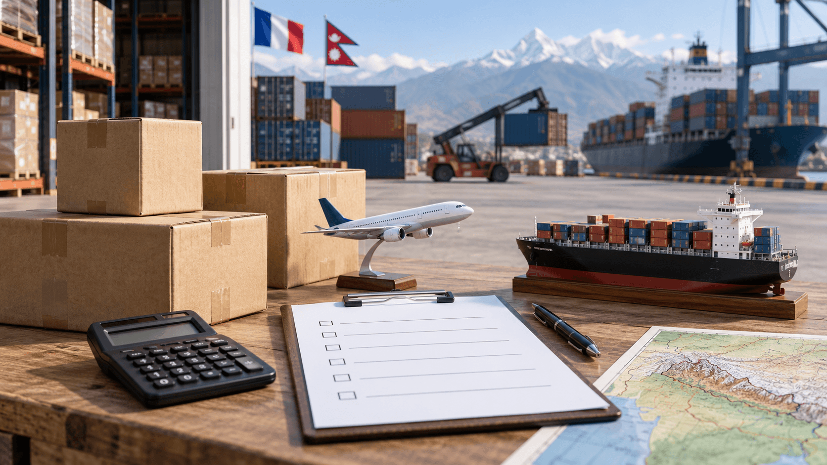 France Nepal freight planning reference with route globe cargo ship aircraft and customs file