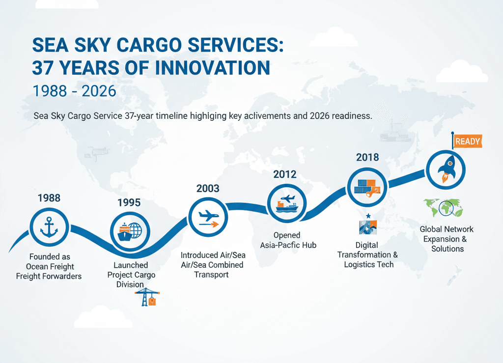 Sea Sky Cargo Service 37-year timeline highlighting key achievements and 2026 readiness.