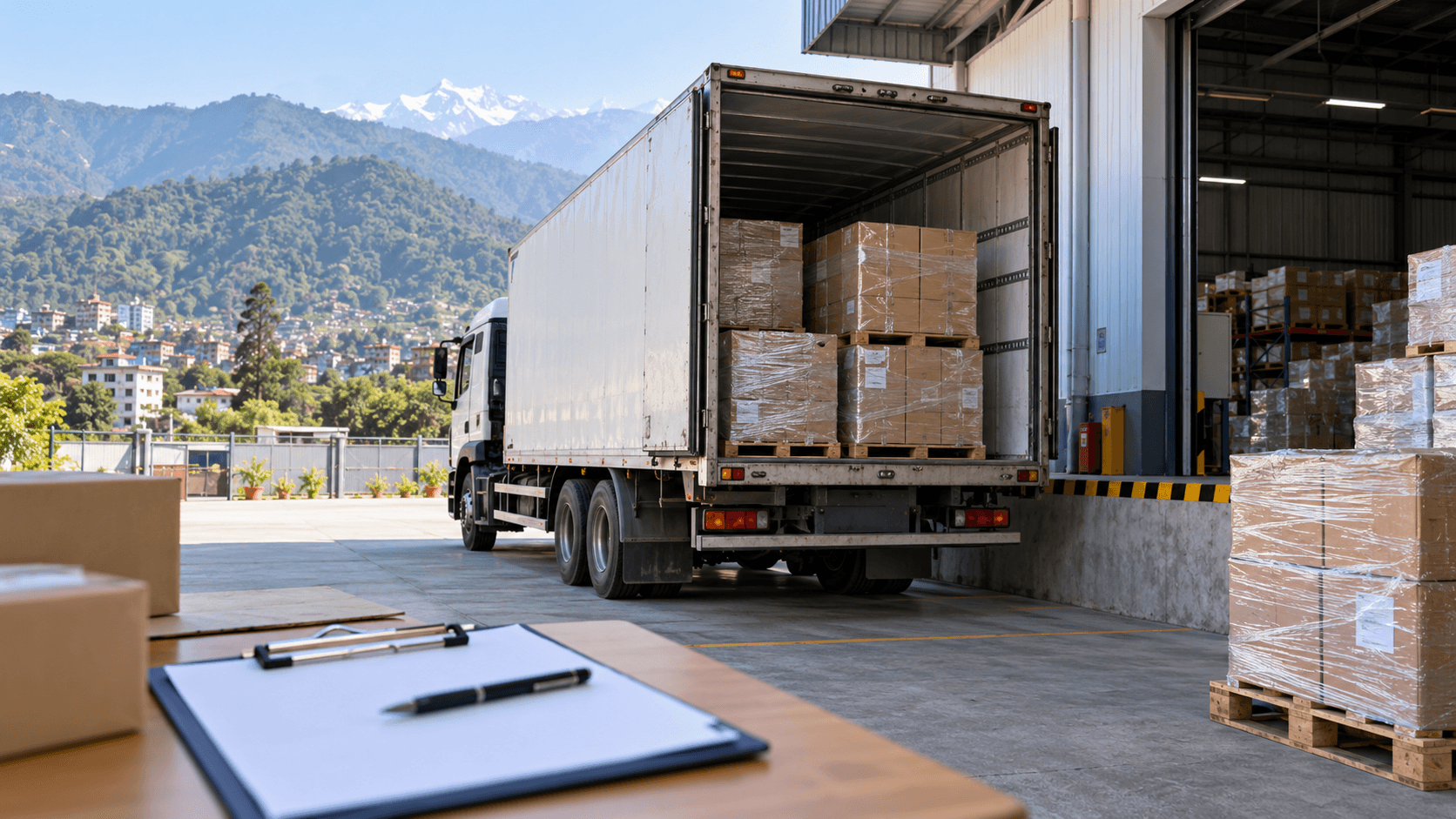 Released cargo pallets beside an enclosed delivery vehicle at a Nepal receiving warehouse