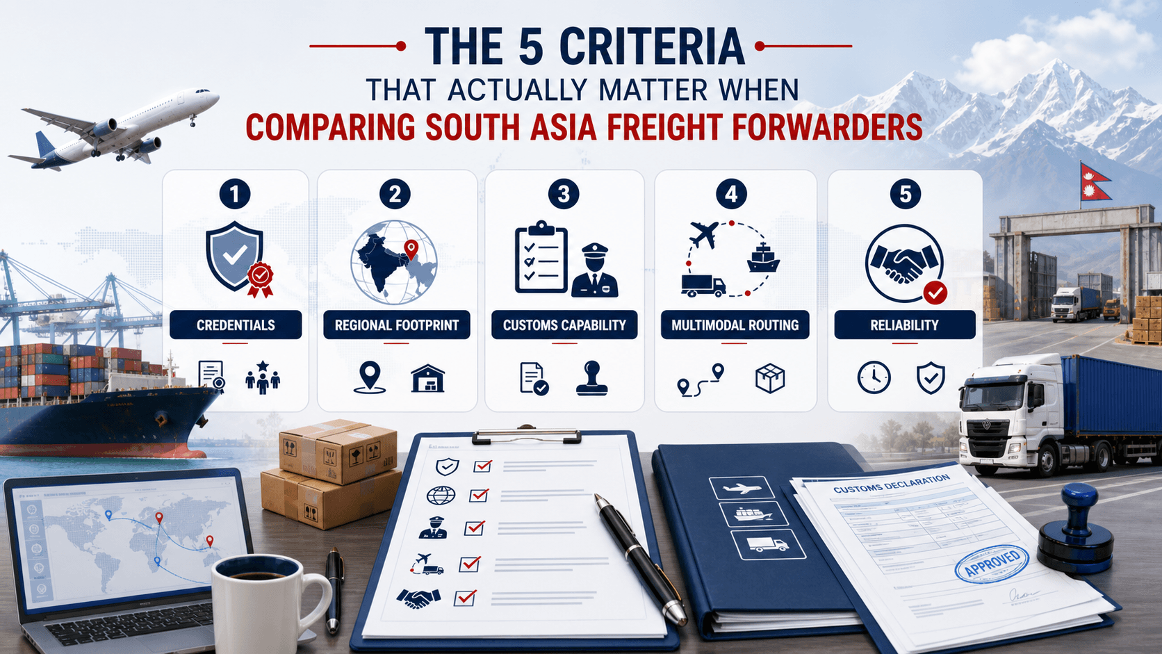 Five key criteria for comparing South Asia freight forwarders including credentials, routing, customs, service scope, and reliability