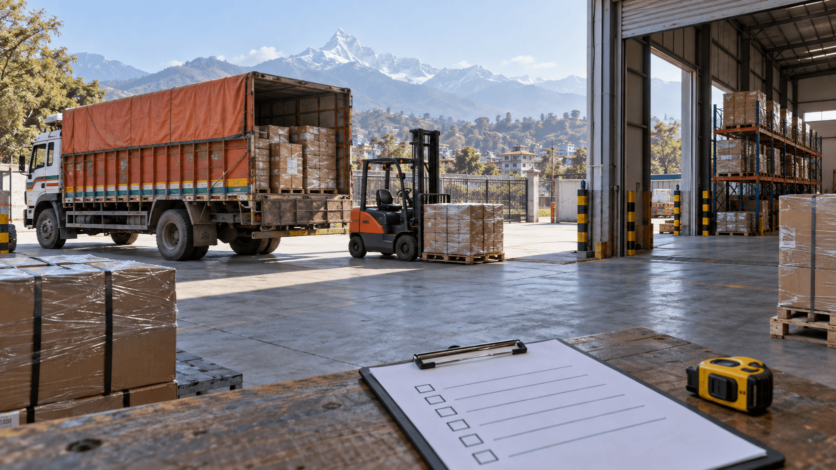 Warehouse receiving gate with parked delivery truck, forklift, measuring tape and access checklist in the foreground