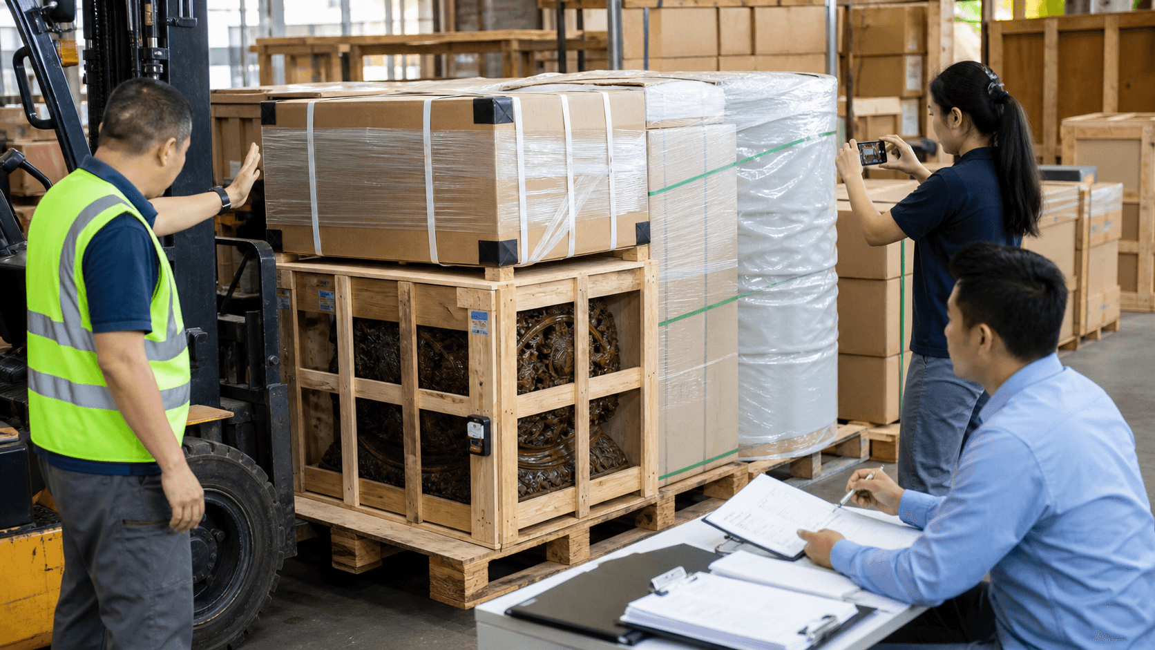 Export team protecting palletised Nepal cargo for repeated handling and insured delivery to Germany