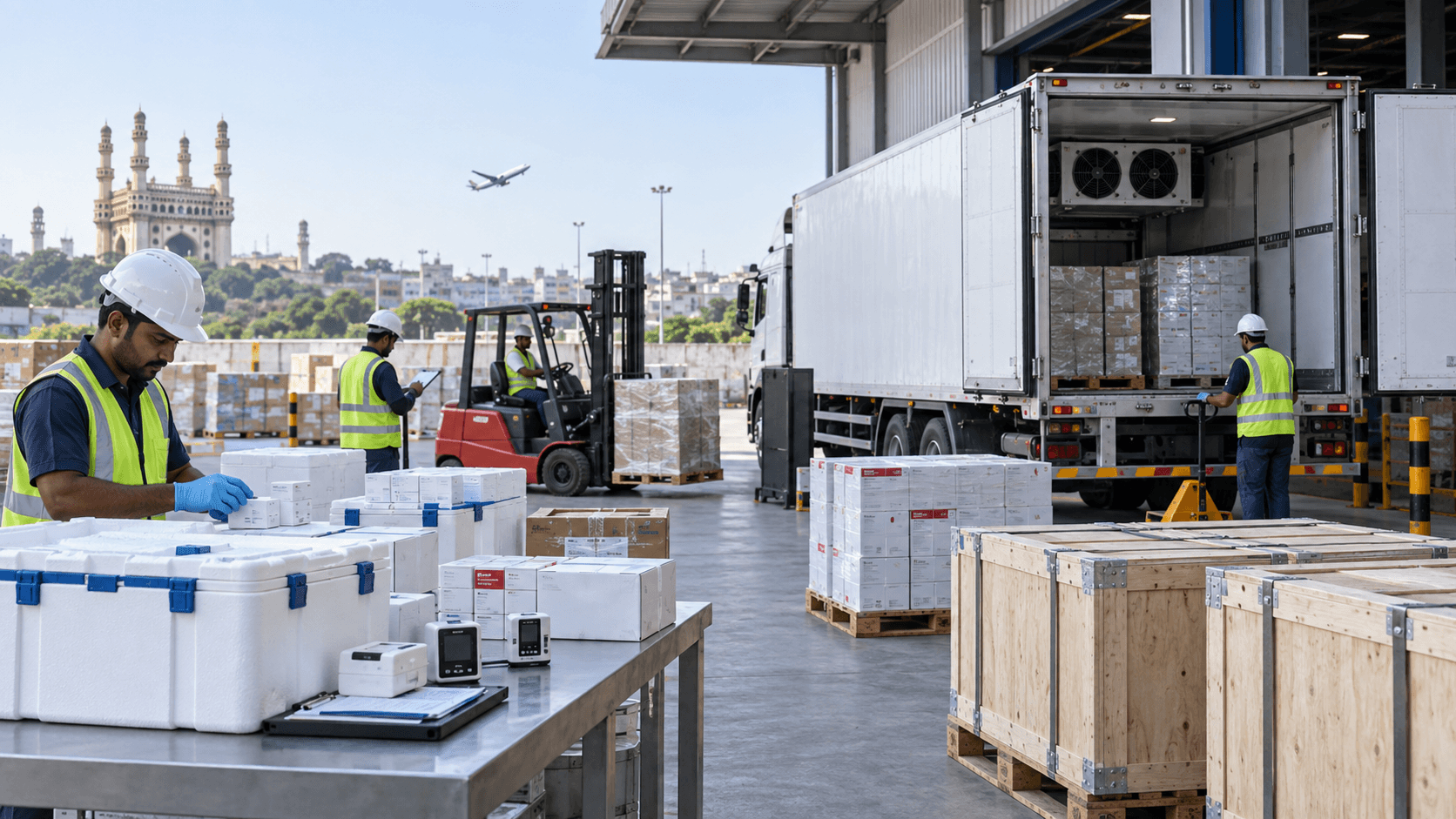 Pharmaceutical and industrial cargo prepared for shipment from Hyderabad to Nepal