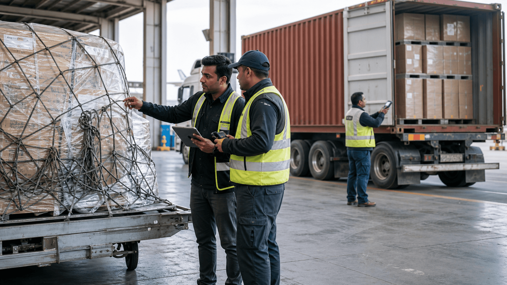 Freight team inspecting commercial cargo for a Nepal importer before transport