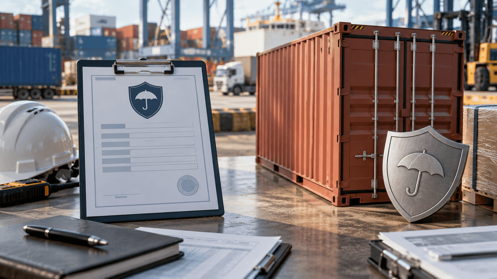 Cargo insurance certificate beside a sealed freight container bound for Nepal