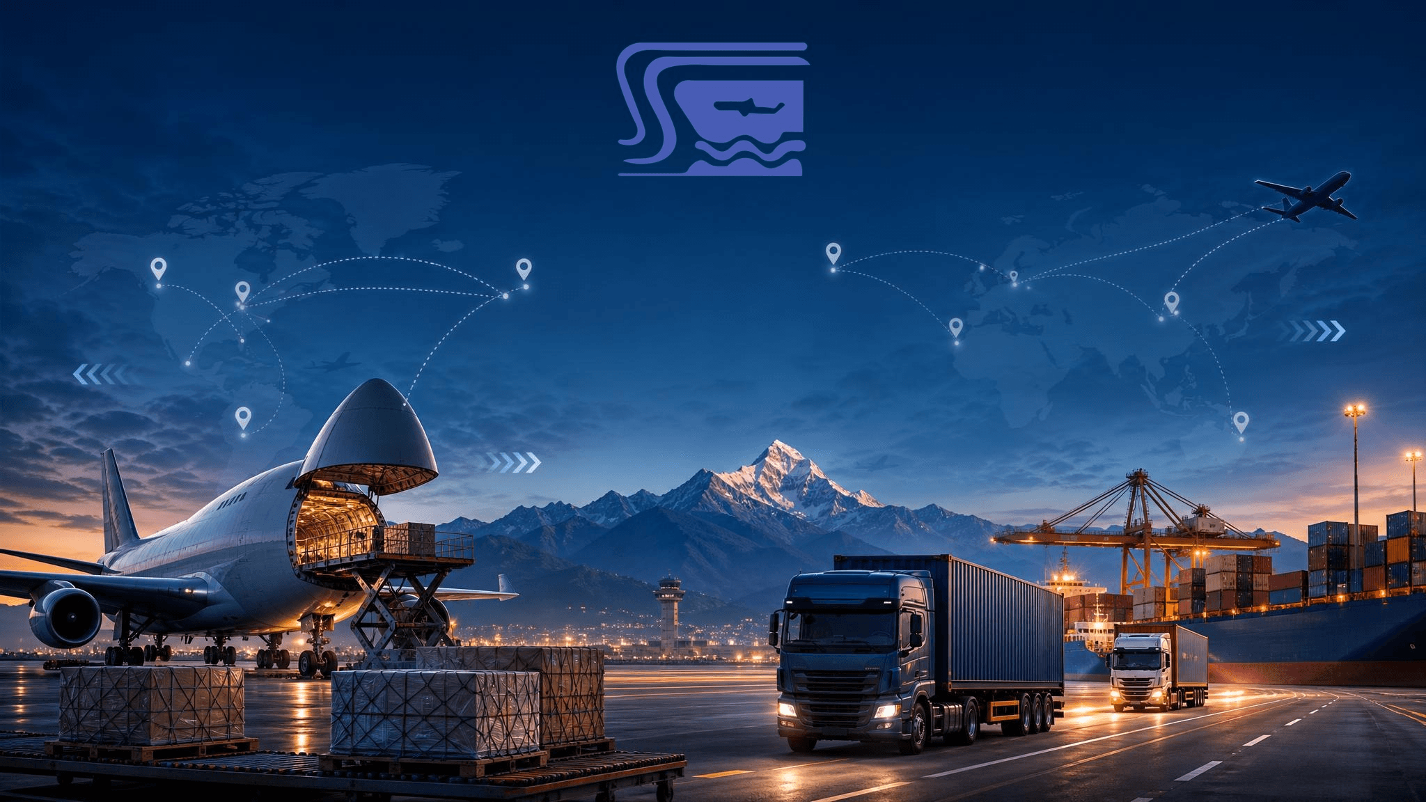 global logistics scene with cargo aircraft, trucks, pallets, and international routing
