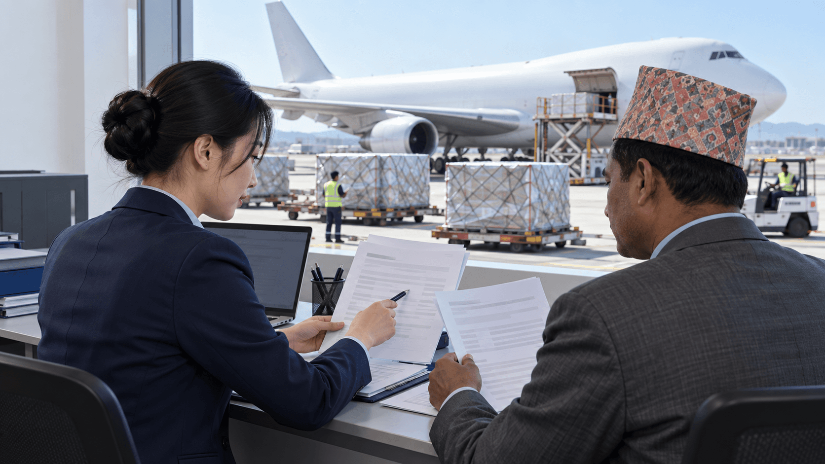 Chinese export coordinator and Nepal importer reviewing air freight documents