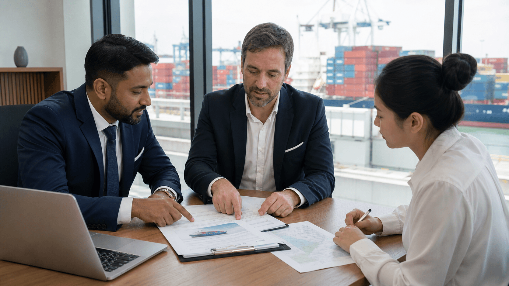 Buyer and supplier reviewing an Incoterms contract with a precise named shipping port
