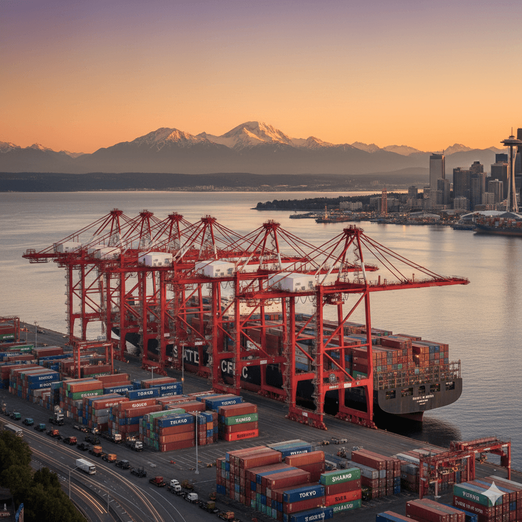 Busy port operations at Seattle, WA, with gantry cranes.