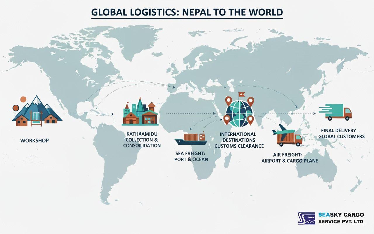 Complete logistics journey of Nepali products from artisan workshops to international customers.