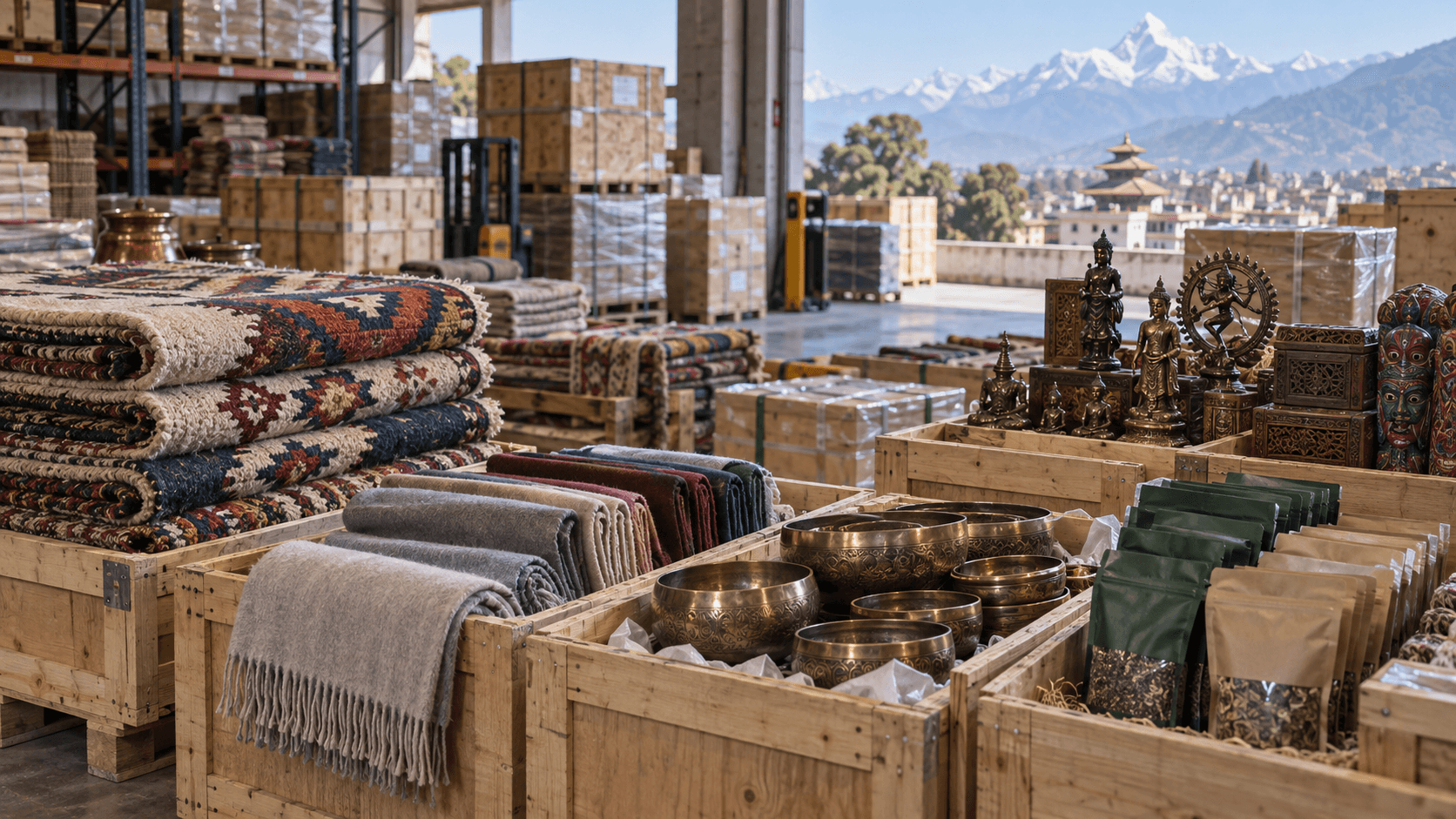 Nepali pashmina carpets tea and handcrafted goods prepared for shipment to French buyers