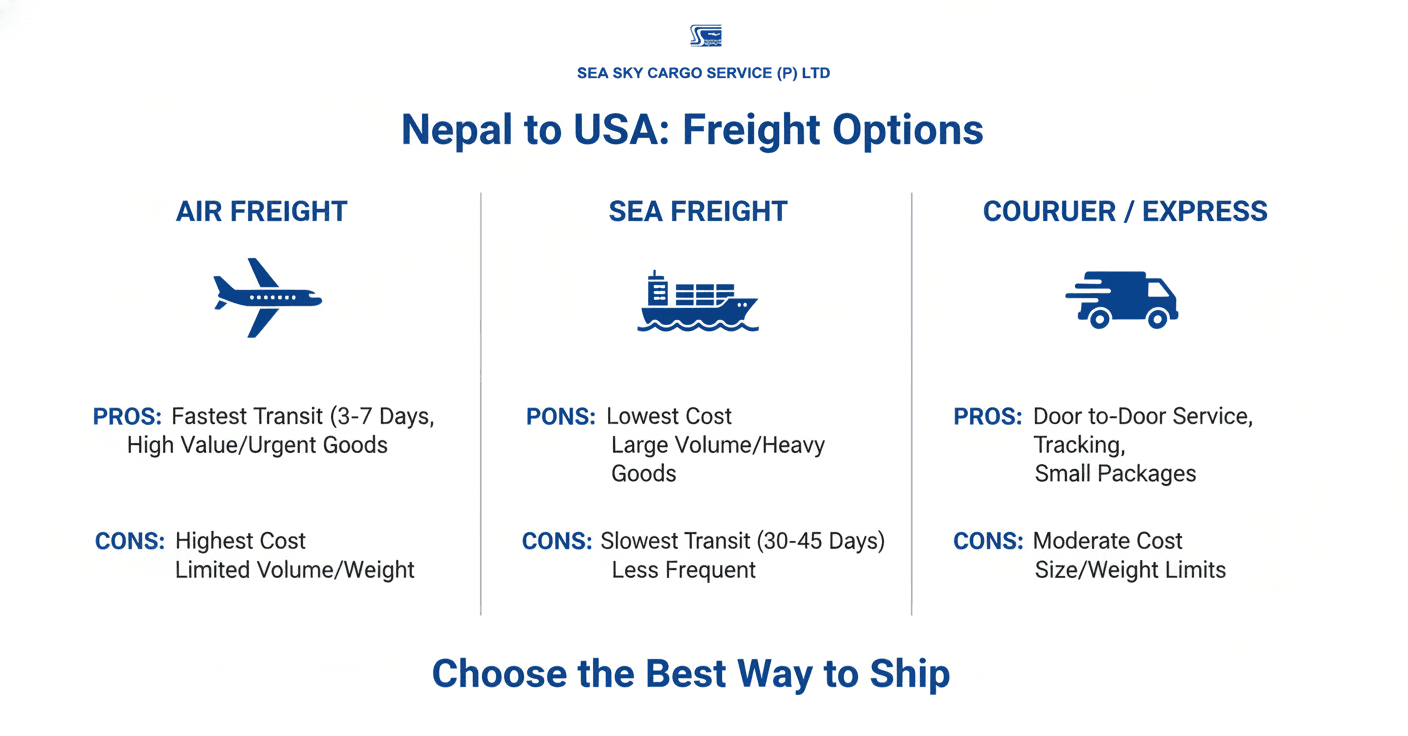 Comparison graphic of air, sea, and courier freight options from Nepal to USA.