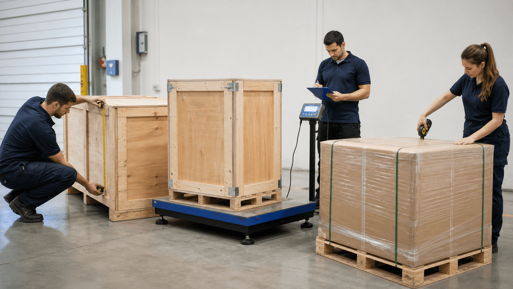 Warehouse team measuring LCL crates and pallets to calculate CBM and chargeable weight