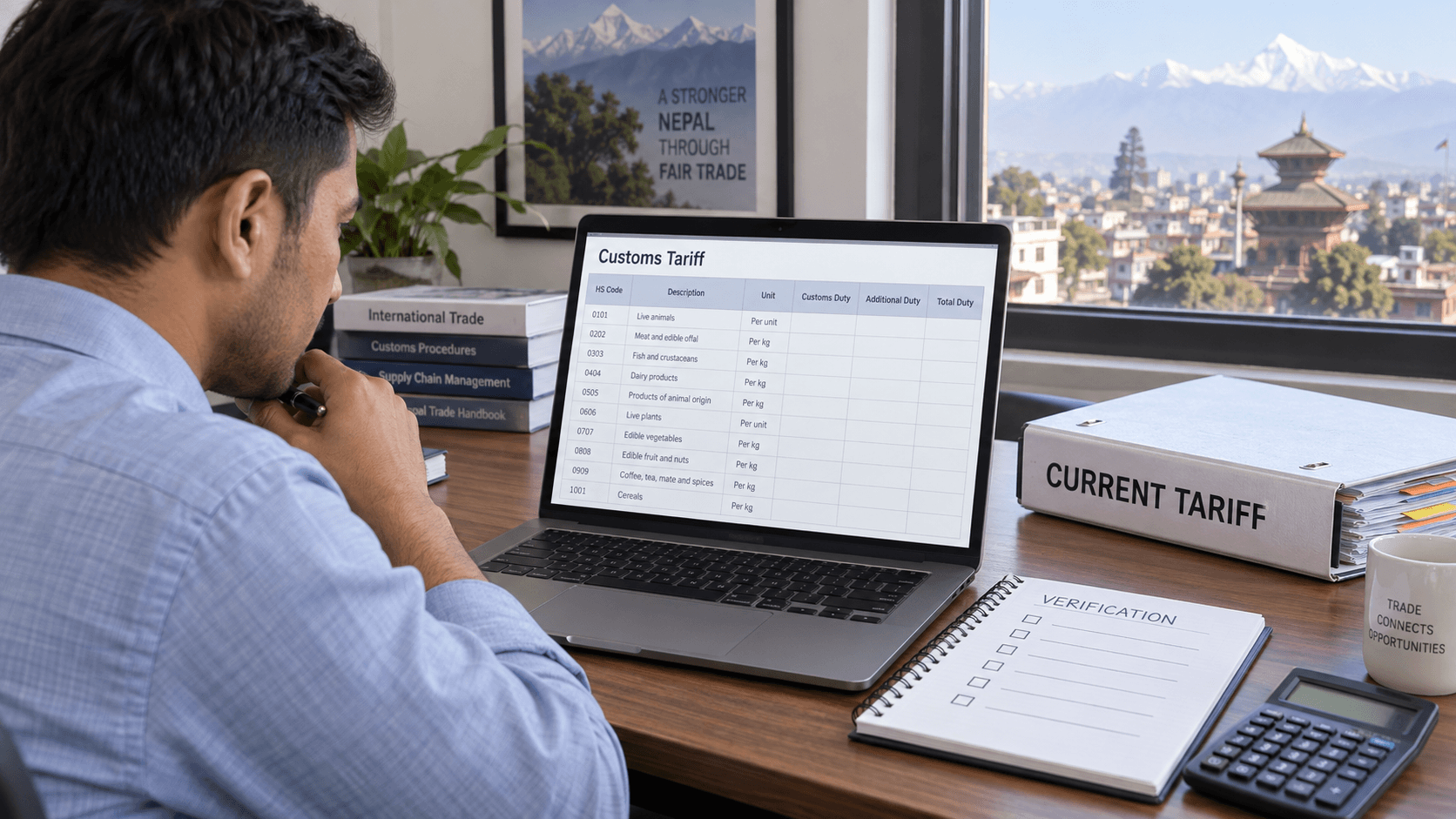 Importer checking the current Nepal customs tariff and government notices on a laptop
