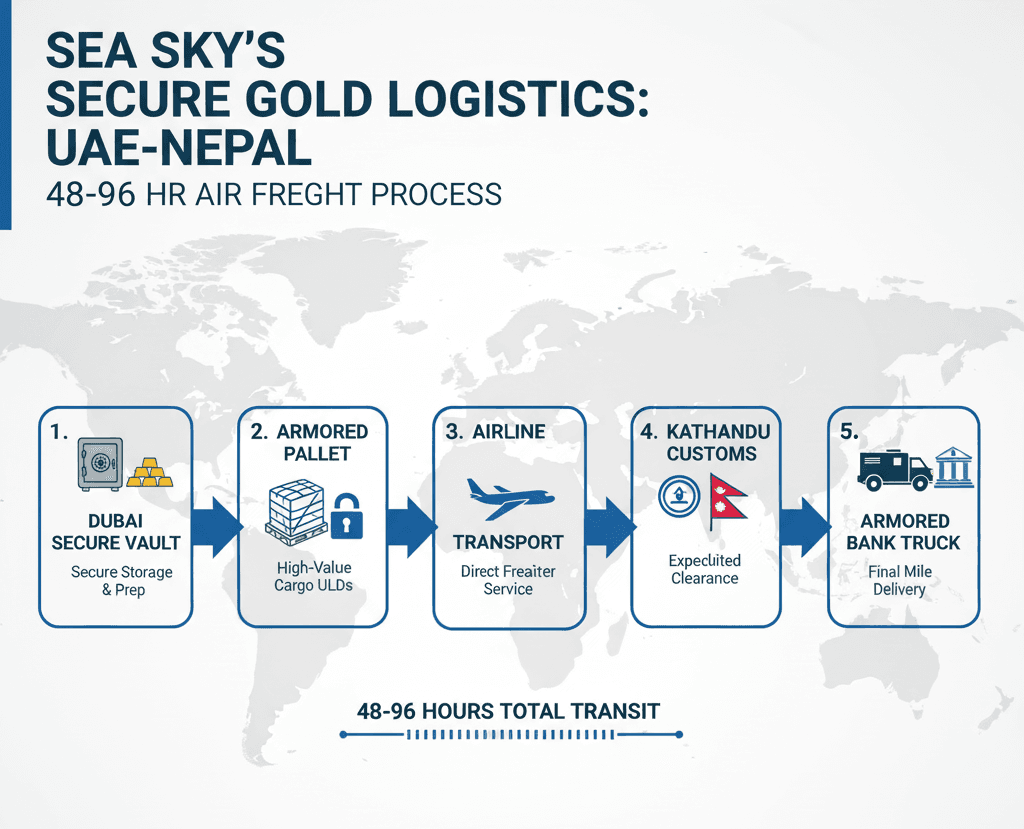 Sea Sky's 48-96hr UAE-Nepal gold air freight process.