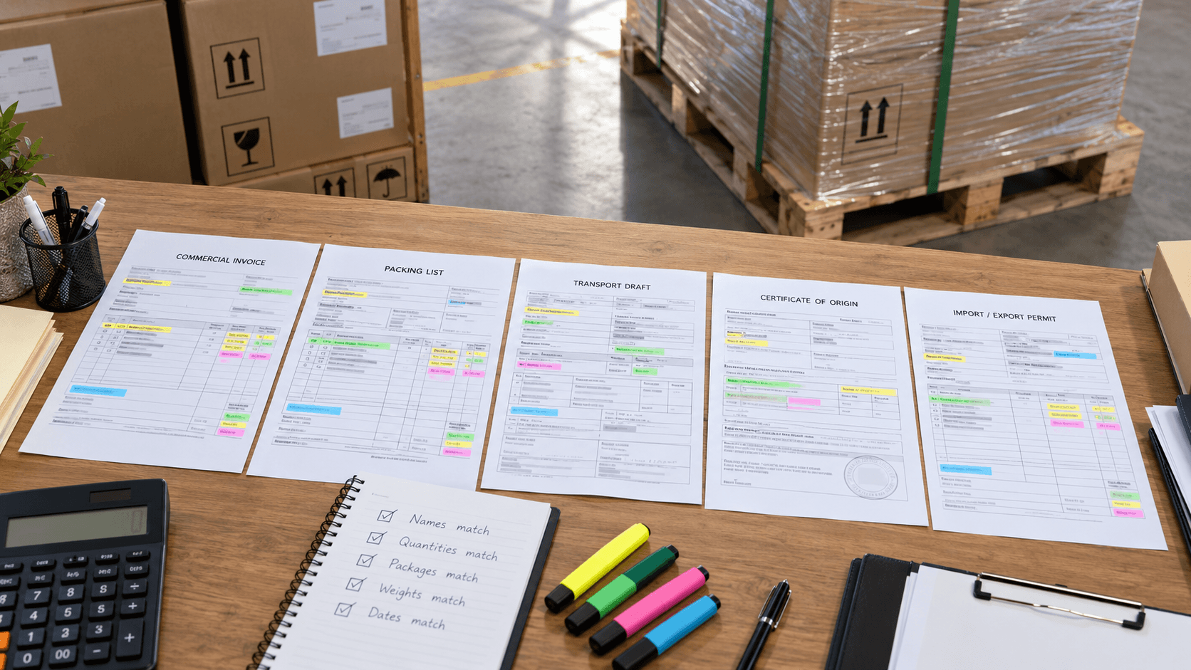 Commercial invoice packing list transport document origin certificate and permit consistency check