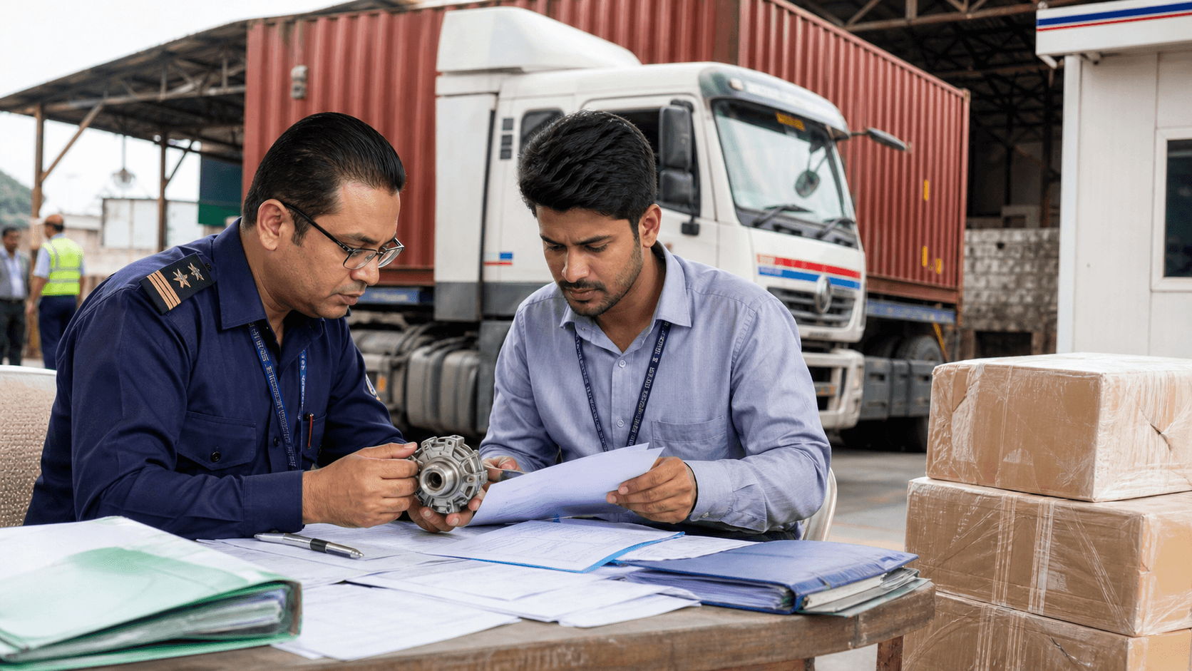 Customs specialist checking HS code permit and valuation records for Nepal cross-border cargo