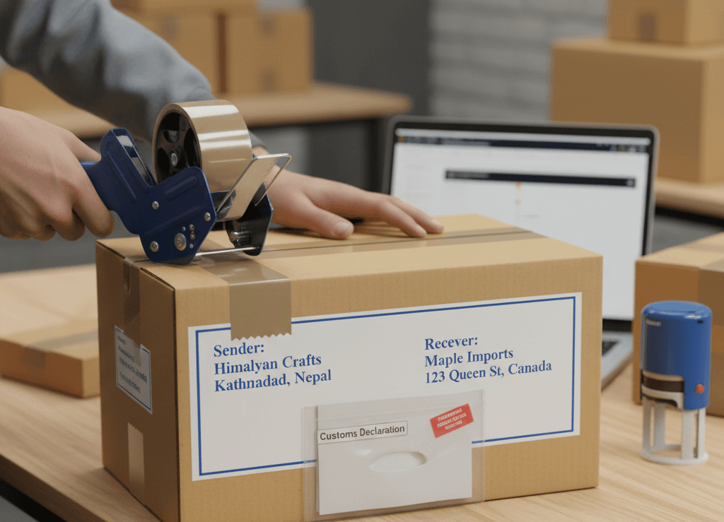 Properly packed and labelled parcel ready for international shipping to Canada.