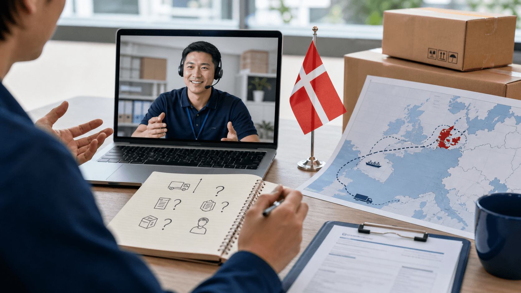 Importer asking freight advisor questions about documents customs and shipping to Denmark