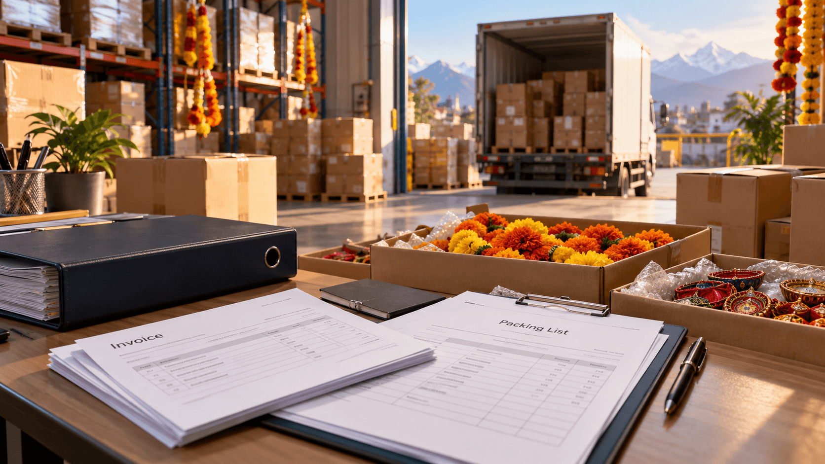 Invoice and packing-list paperwork beside sealed festival cargo packages at a logistics desk