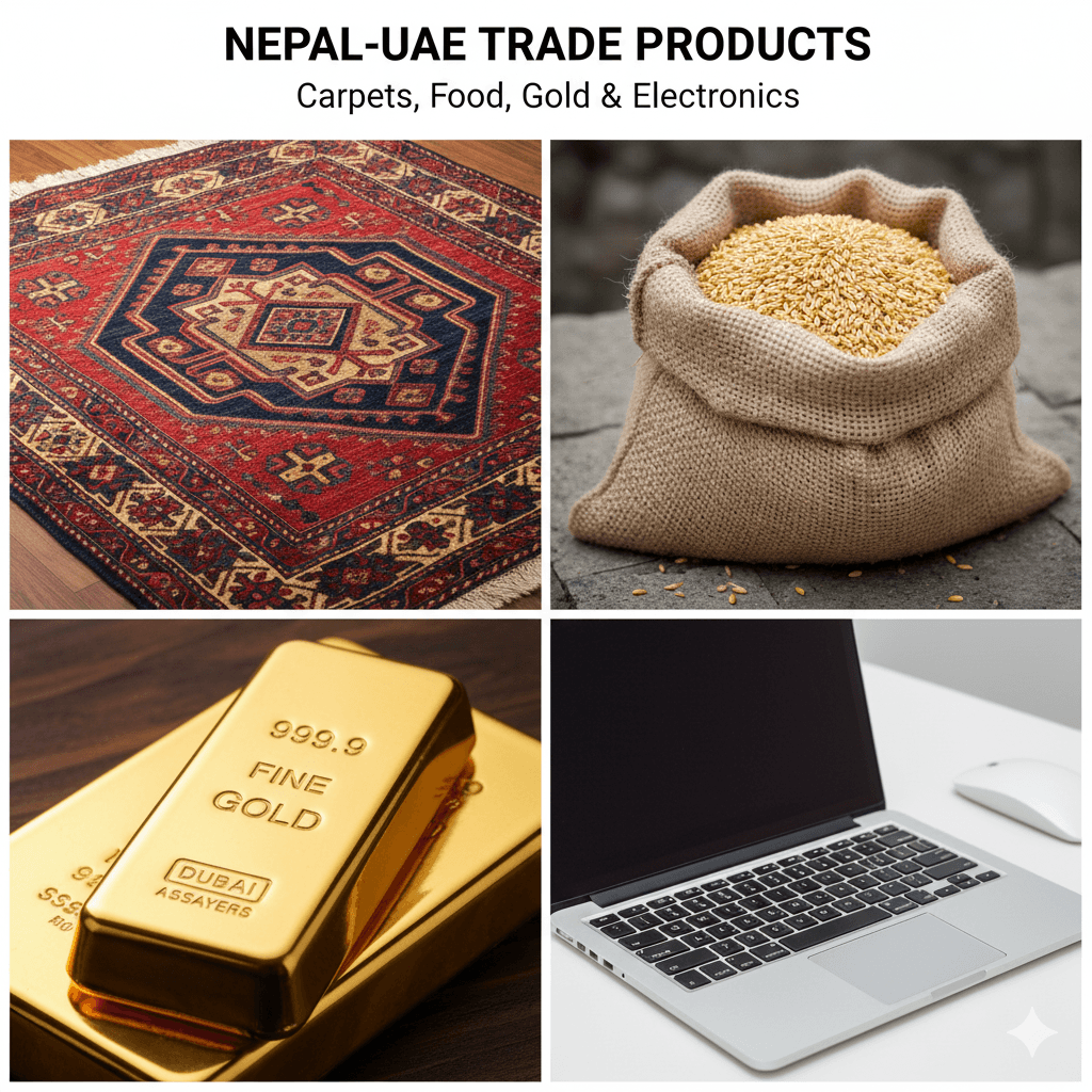 Typical products shipped between Nepal and the UAE: carpets and food from Nepal; gold and electronics from the UAE.