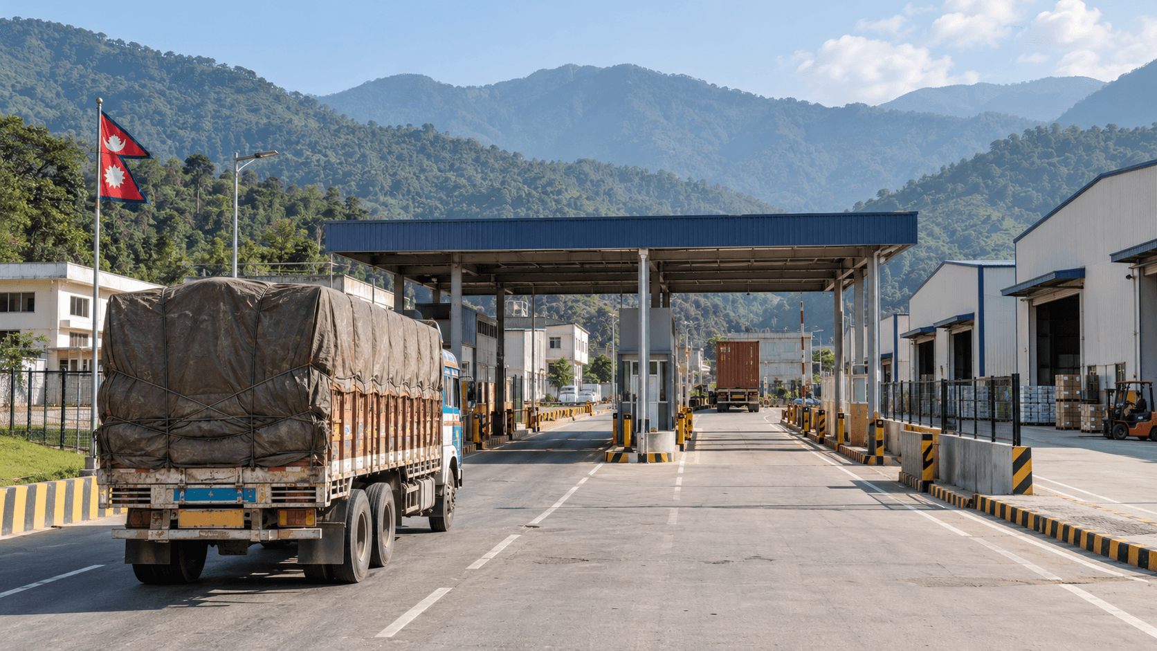 Covered commercial cargo truck approaching a Nepal border cargo terminal
