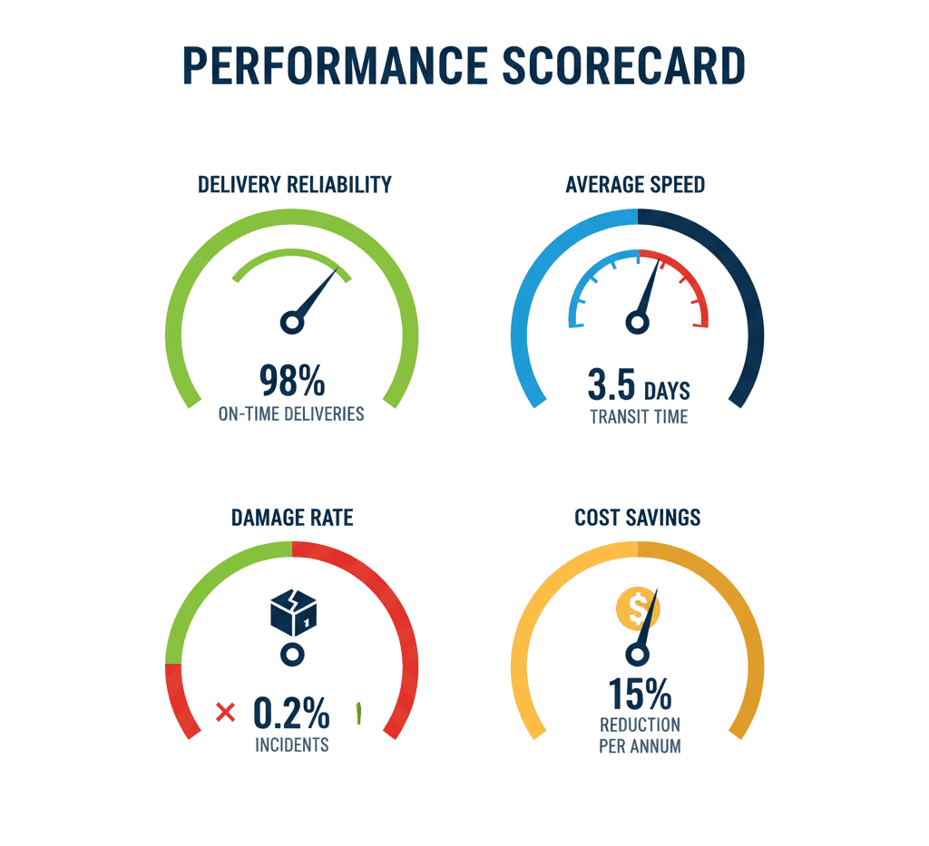 Performance scorecard for a professional cargo service company showing key metrics.