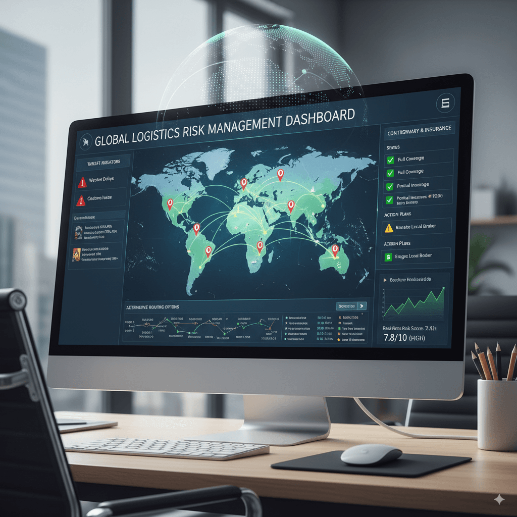 Cross-border shipping risk management and contingency planning dashboard interface.
