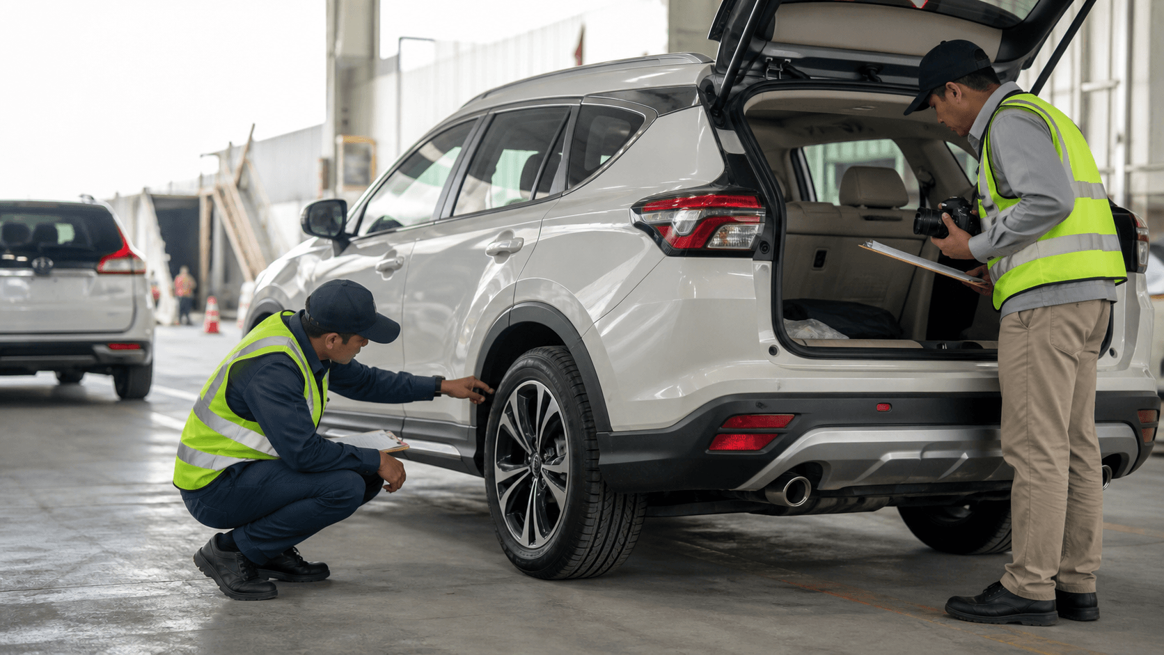 Inspectors checking tires interior and exterior condition of an SUV before RoRo shipping
