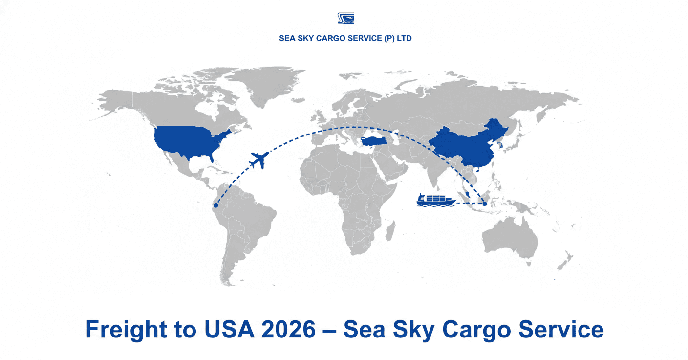 Map showing freight route from Nepal to USA by air and sea for 2026.