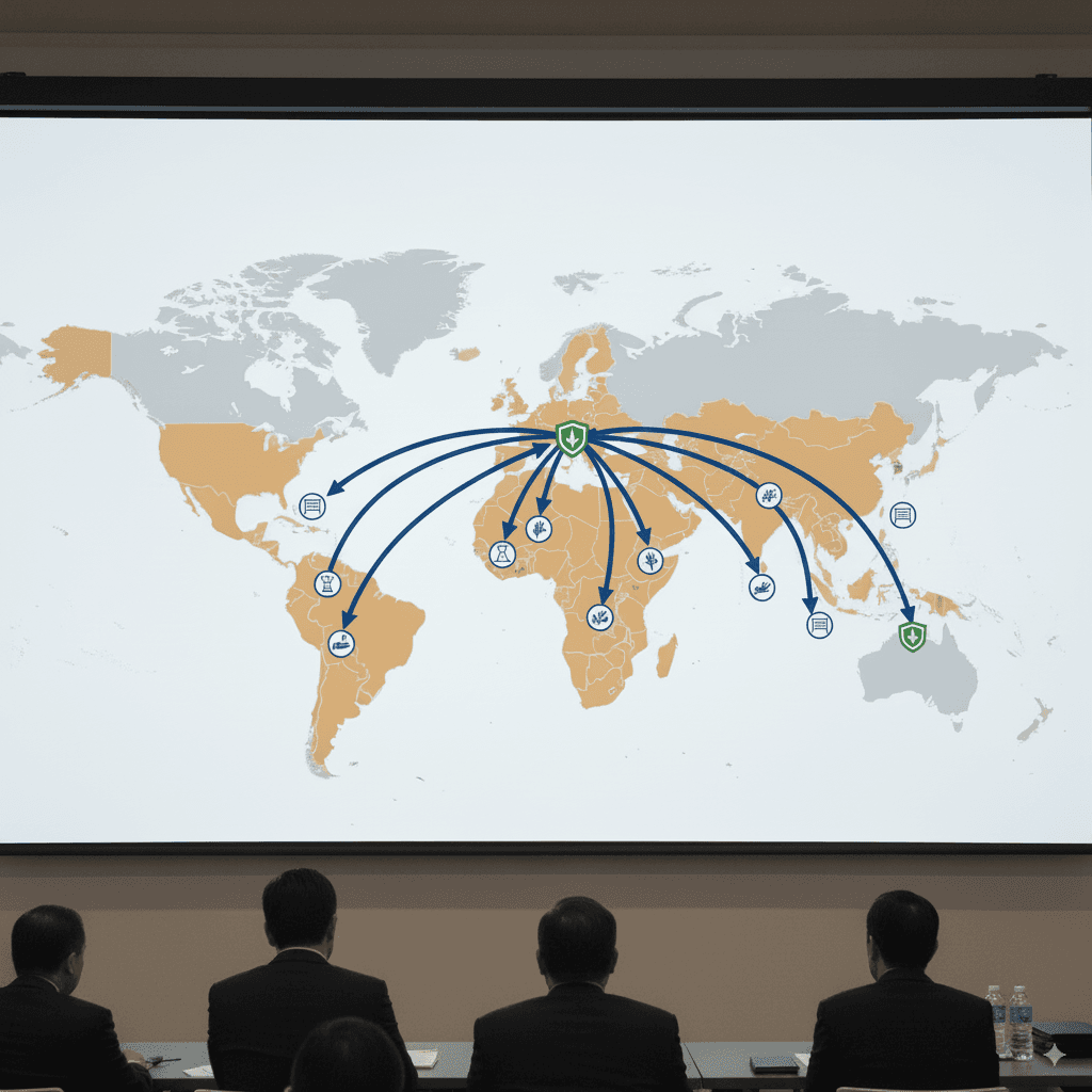 Nepal-Europe trade map showing products, logistics routes, and preferential duty symbols.