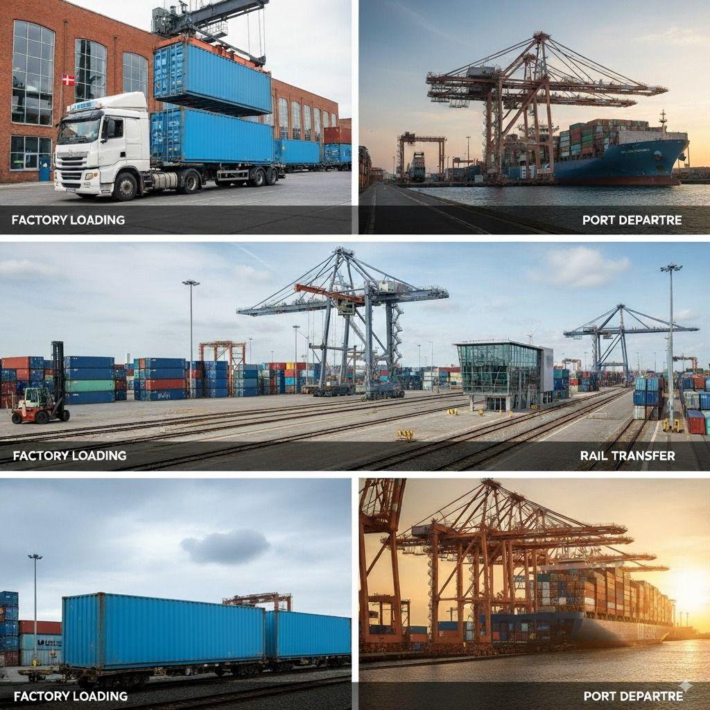 Danish export cargo shifting smoothly between truck, train, and ship—showcasing seamless multimodal logistics.