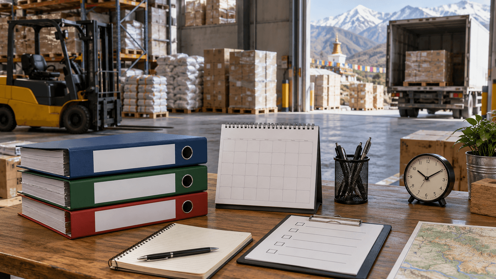 Shipment milestone checklist and calendar beside packed warehouse cargo