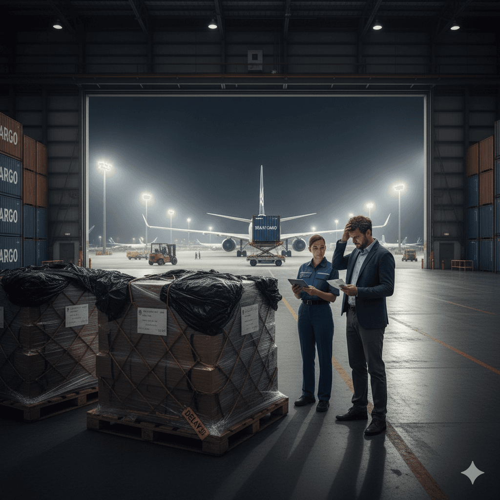 Exporter at an airport cargo bay speaking with a Sea Sky Cargo representative after a delayed shipment.