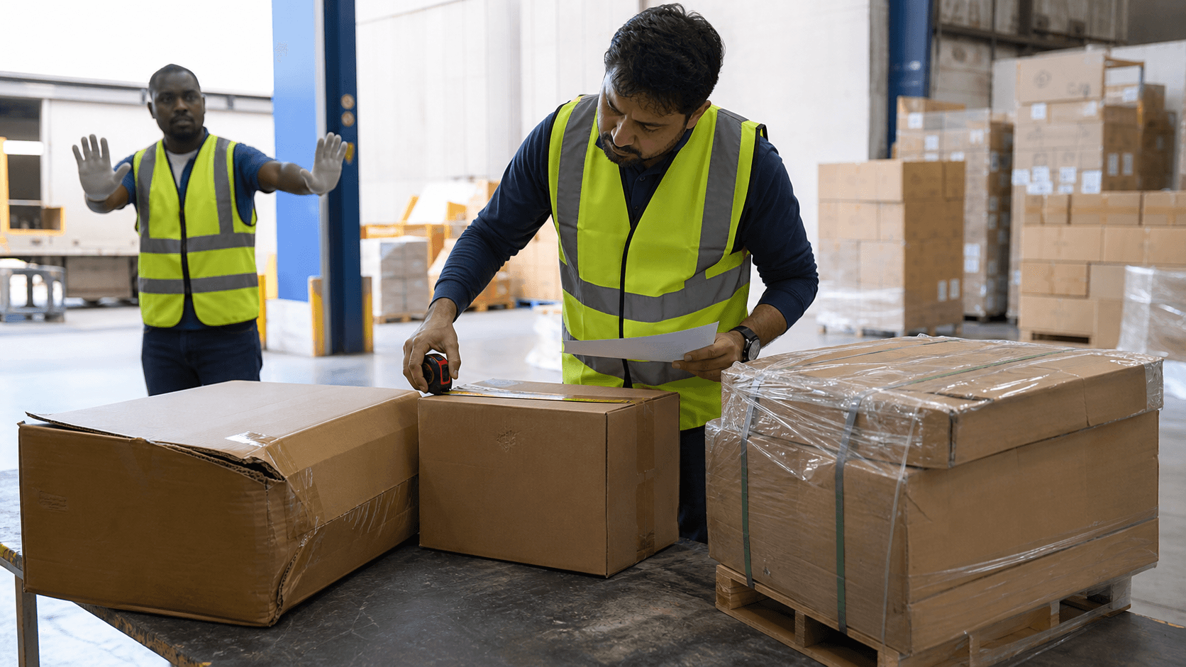 Warehouse supervisor finding damaged packaging and incorrect measurements before dispatch