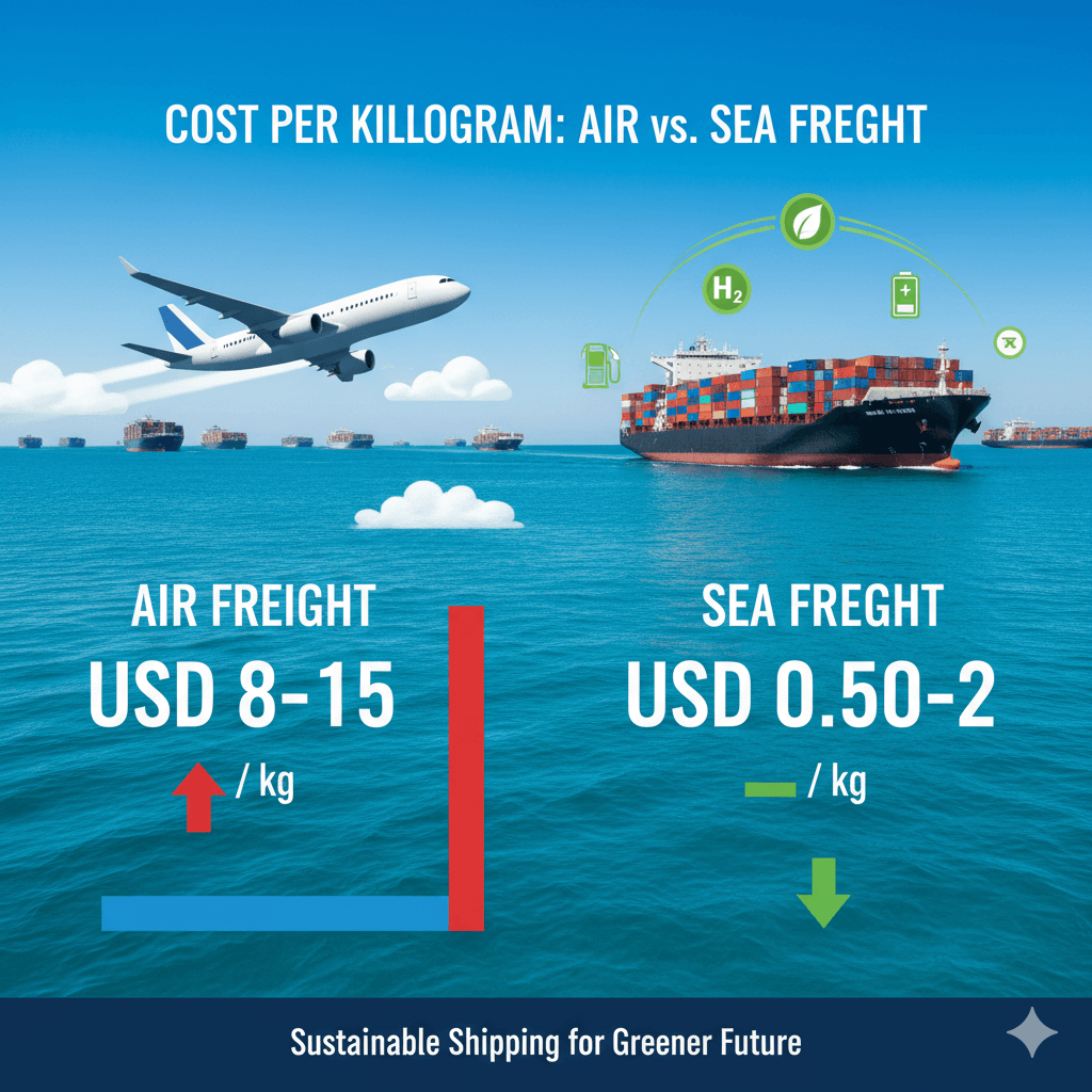 Cost and environmental comparison between sea and air freight shipping.