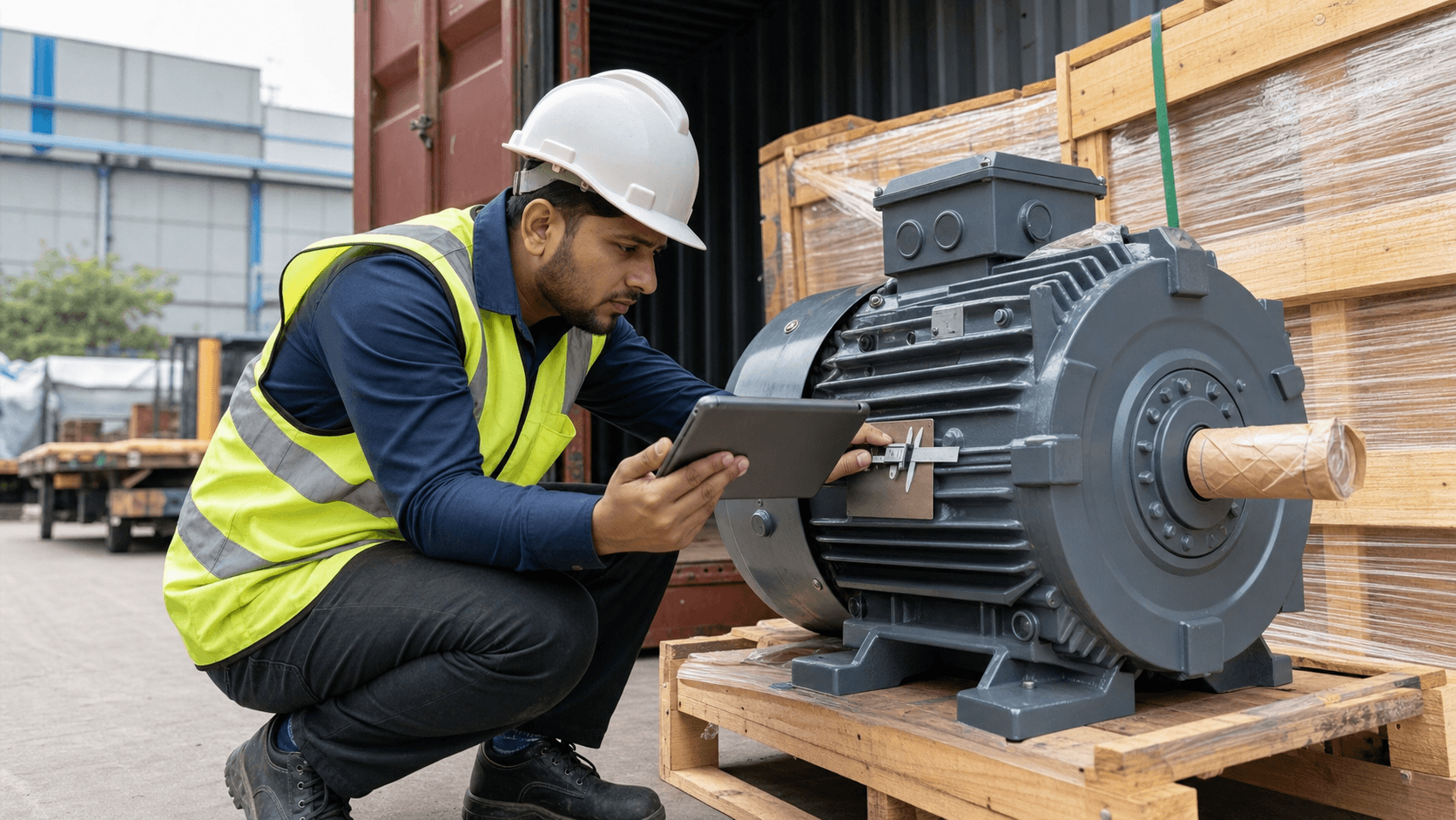 Freight specialist checking product material, function and specifications before shipment