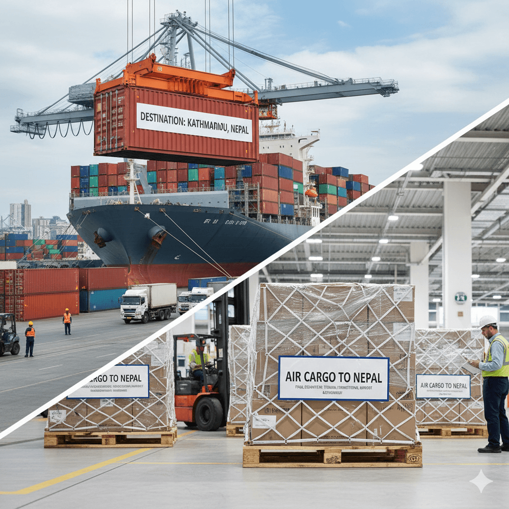 Sea and air shipments from Europe prepared for onward transport to Nepal.